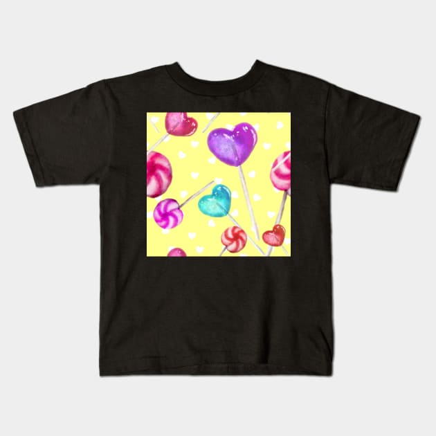 Lollipop Pattern Yellow background Kids T-Shirt by ArtInPi